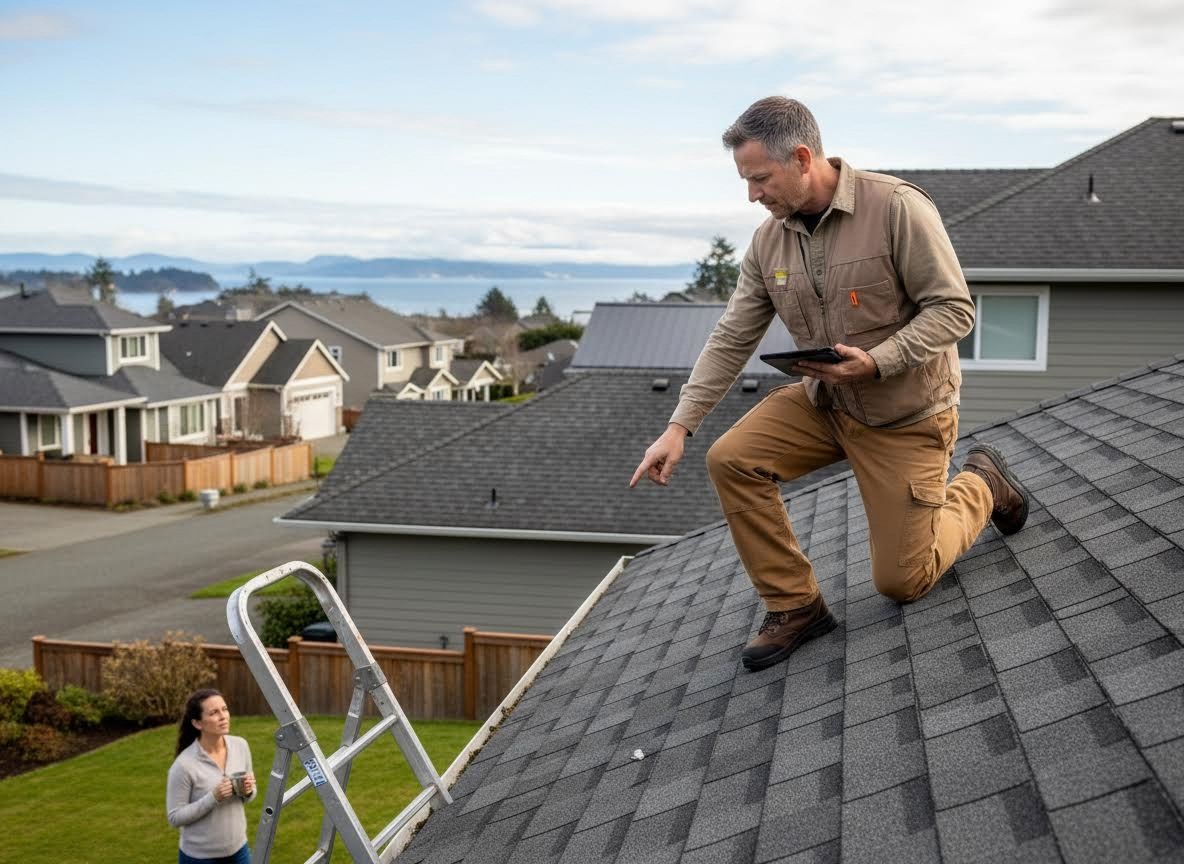 Man Inspecting Roof with Tablet while Homeowner Watches
