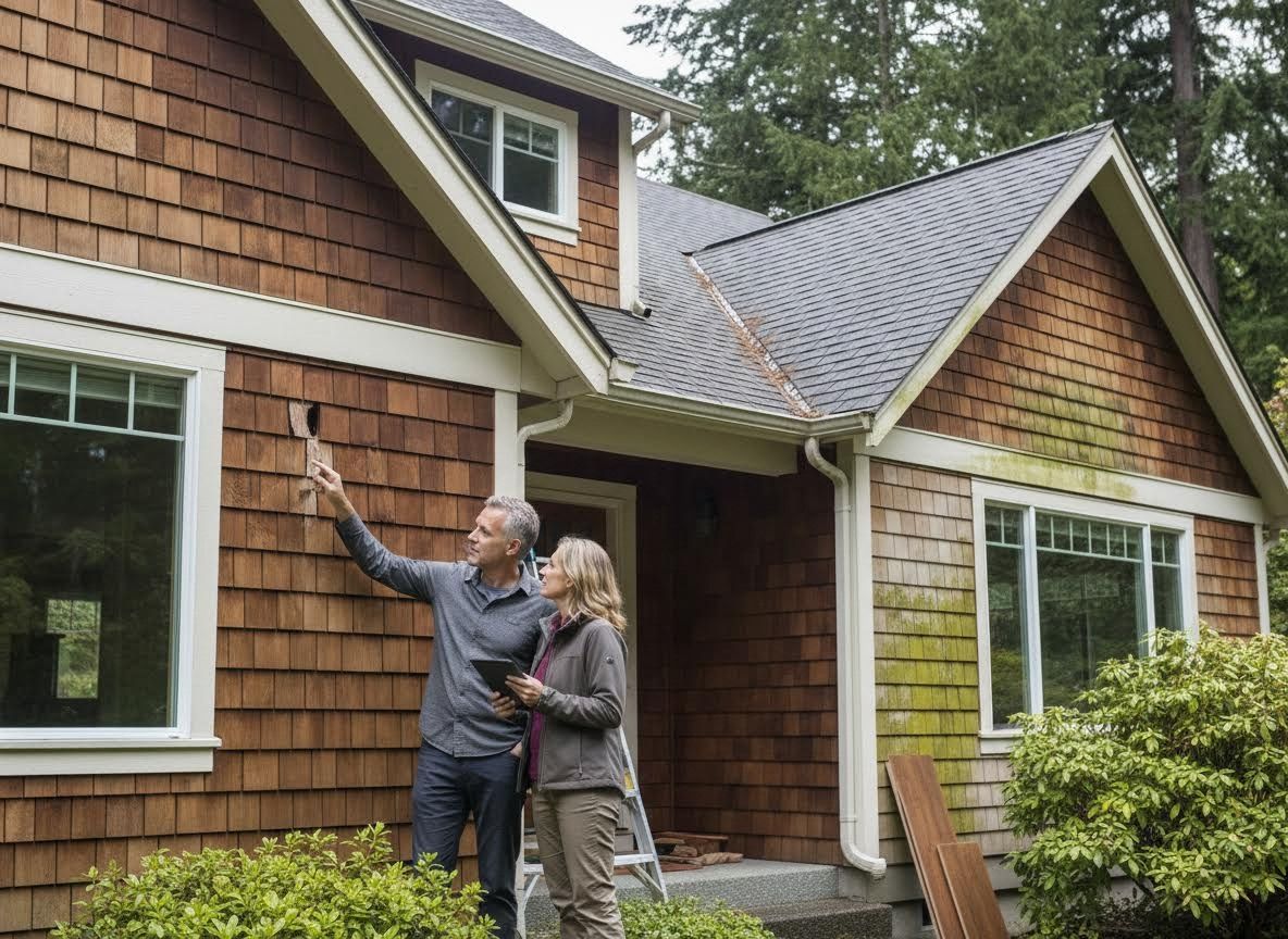Couple inspecting damaged house siding