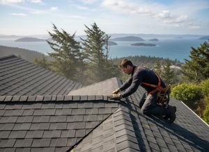 Roofer installing shingles on a house with a scenic ocean view