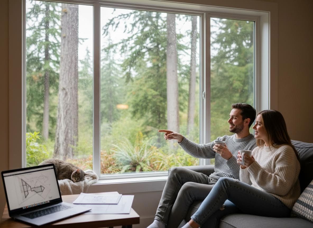 Couple and cat enjoying a rainy forest view from their home