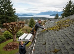 A man in a harness cleans moss from a shingled roof with a brush, observed by a woman. New gutters and a scenic lake are visible. Man cleaning moss from a roof with a scenic background