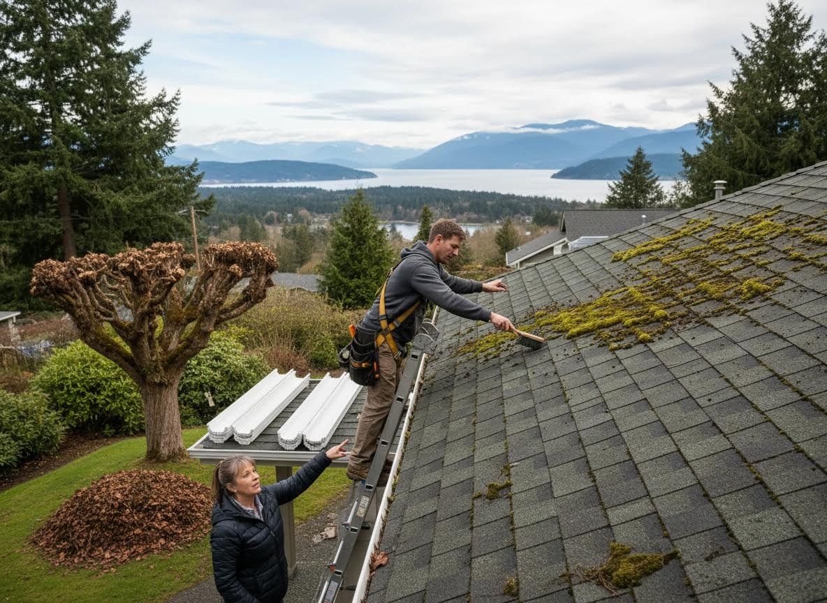 Man cleaning moss from a roof with a scenic background