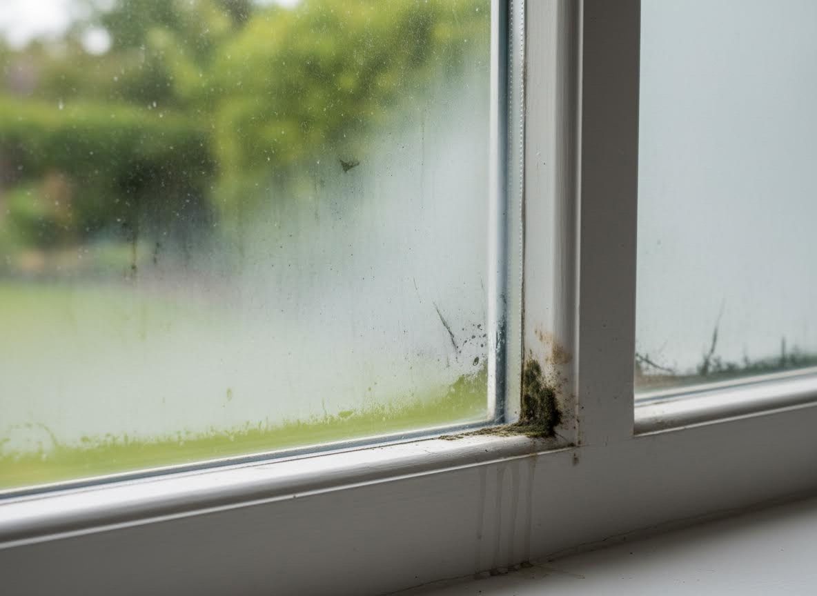 Dirty window with condensation and mold