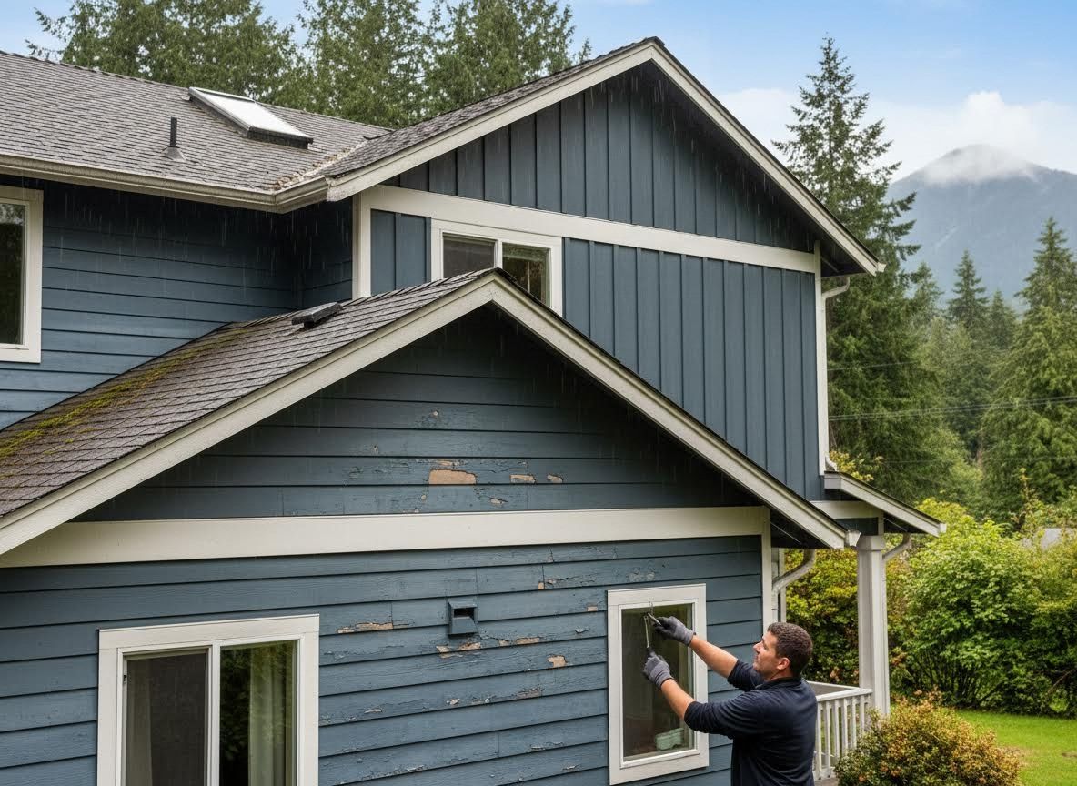 Man cleaning the exterior of a blue house in the rain