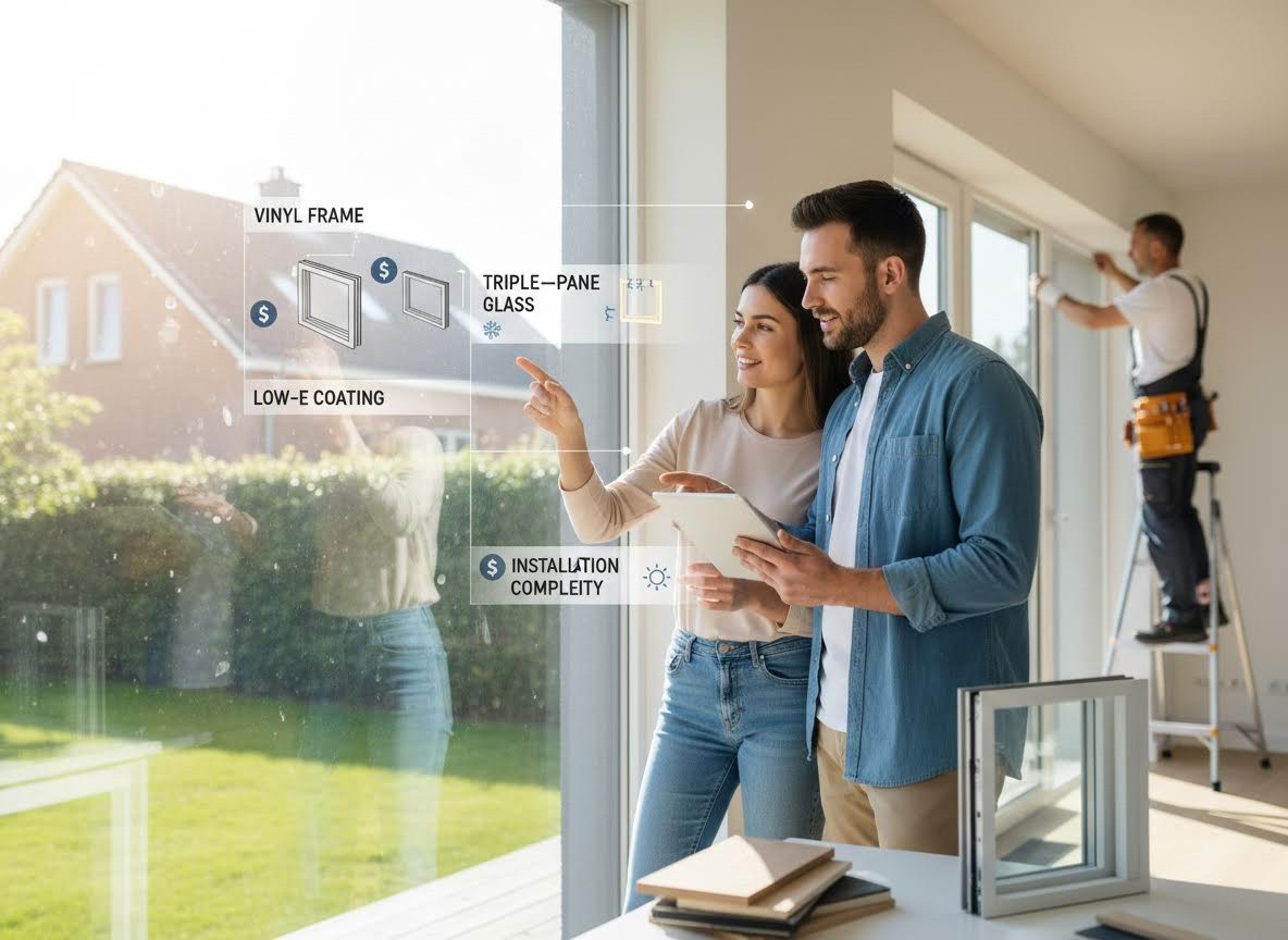 Couple reviewing window features and installation details