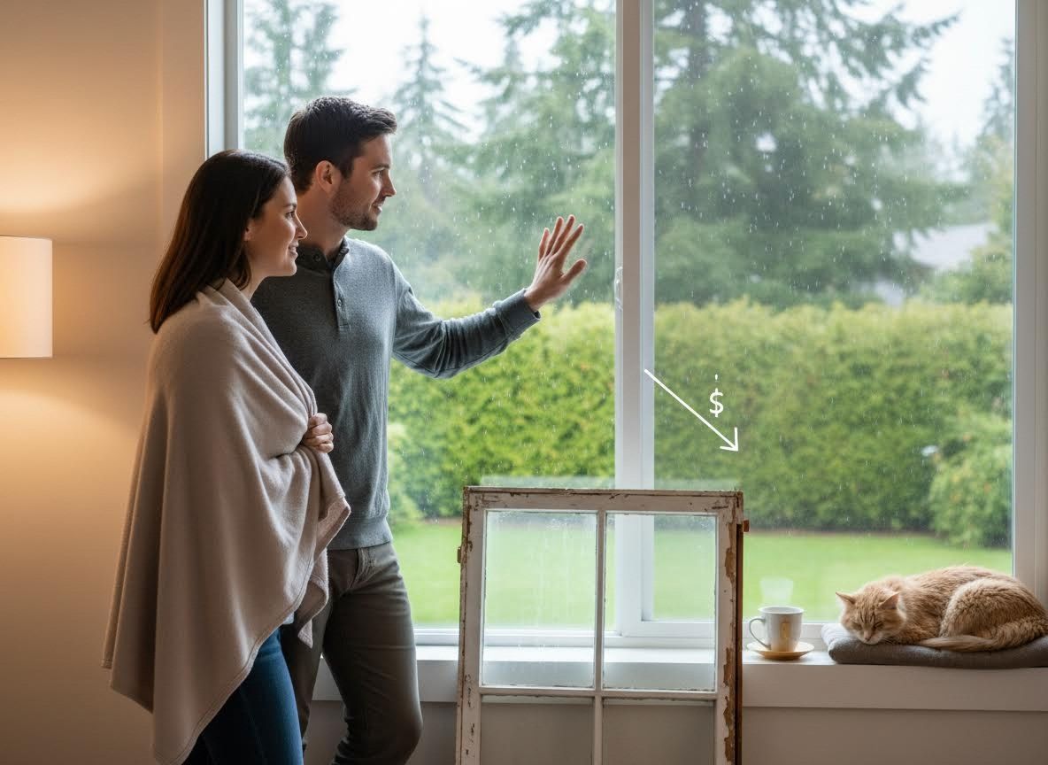 Couple admiring a new window during rain, symbolizing energy savings