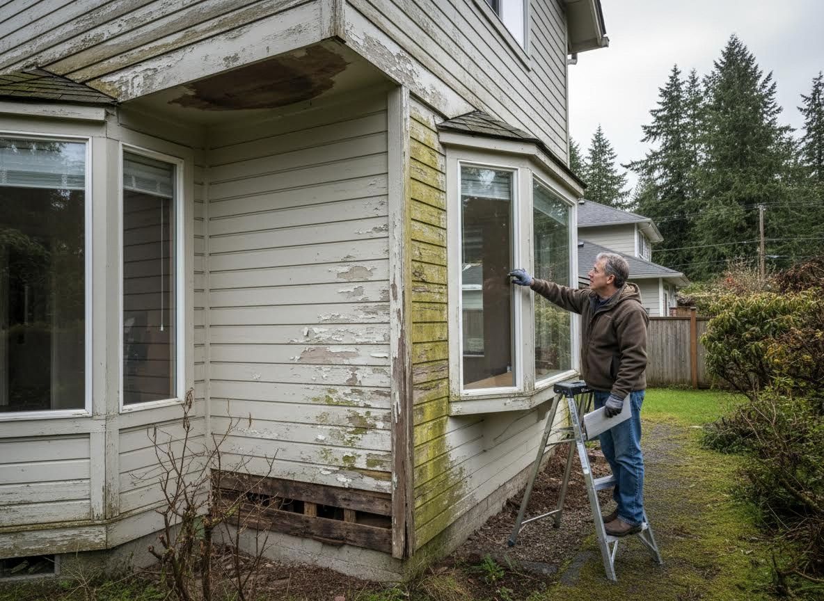 Man inspecting severe exterior house damage