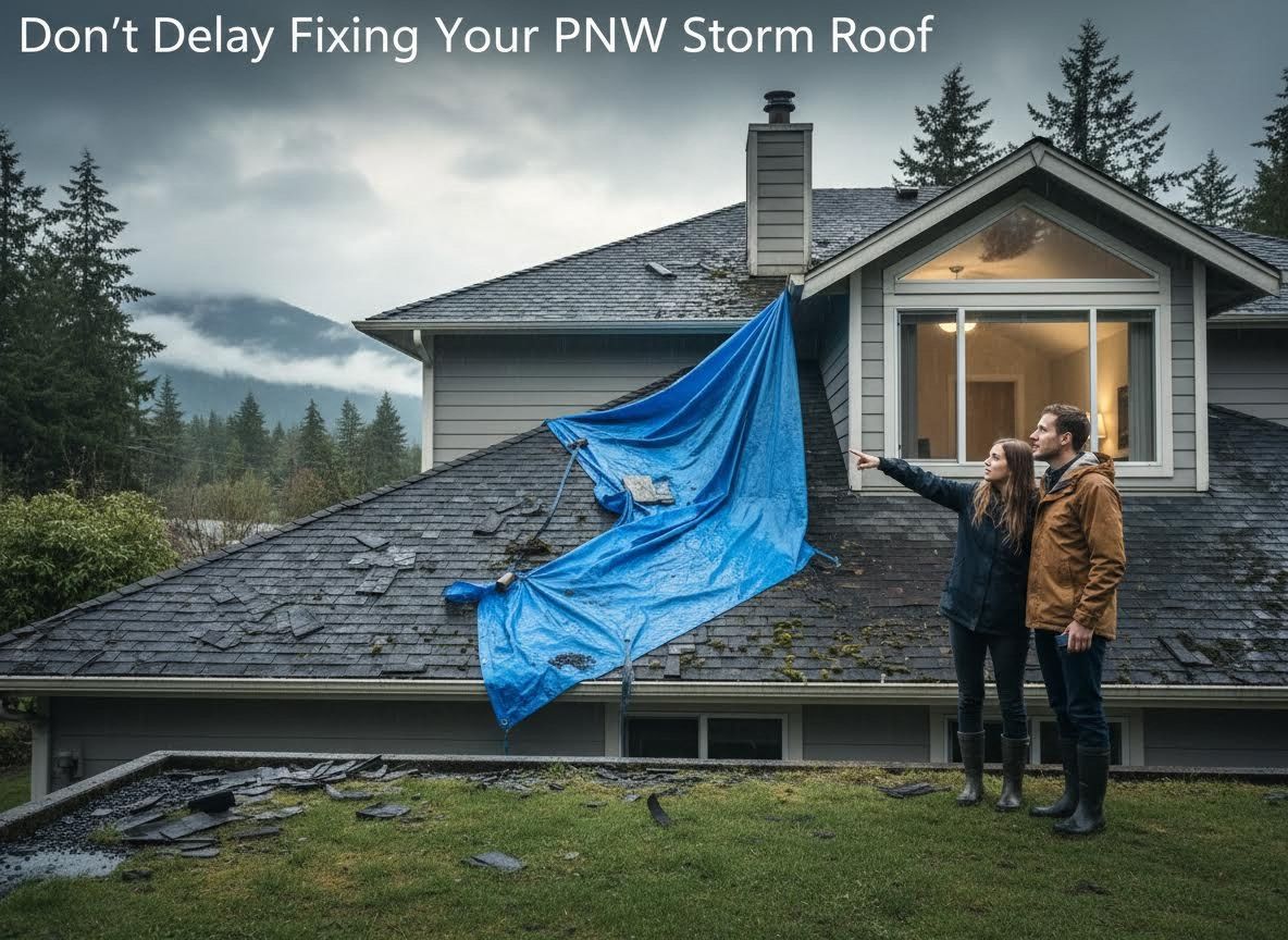 Couple surveying severe storm damage to a house roof in the Pacific Northwest