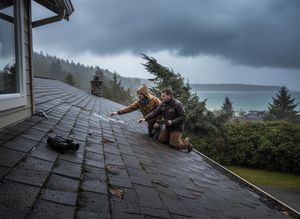 Two men inspecting a house roof in rainy weather