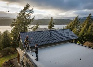 Workers on modern house roof with panoramic lake and mountain views