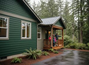 A family of five stands on the wooden porch of a dark green house, surrounded by a forest. It's raining lightly, and the father points. Family on Green House Porch in Rain