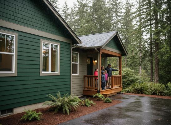 Family on Green House Porch in Rain