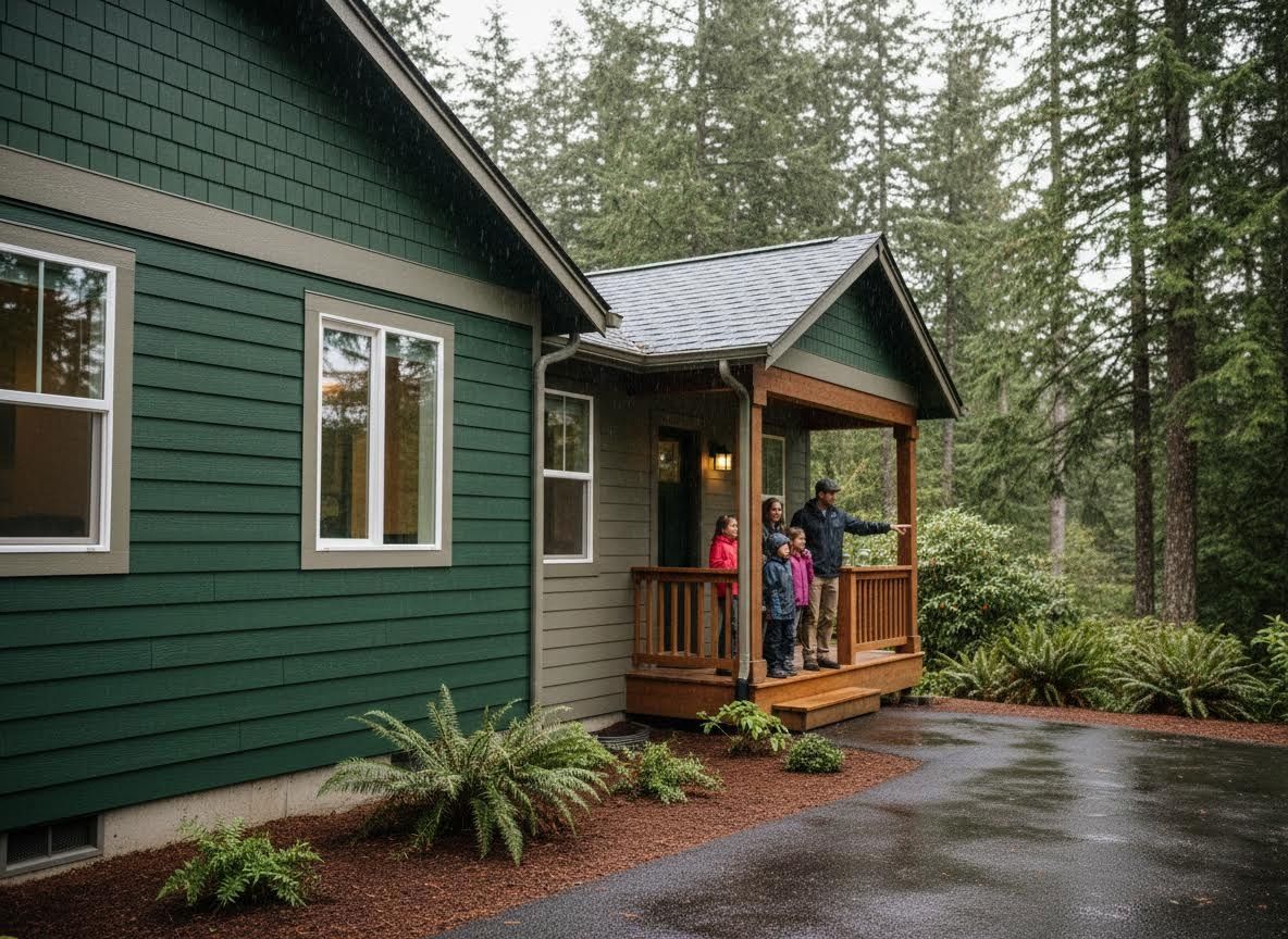 Family on Green House Porch in Rain