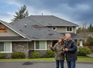 A couple in rain jackets inspects their house's roof, which has visible storm damage with missing shingles and granules on the ground. Homeowners Inspecting Storm Damaged Roof