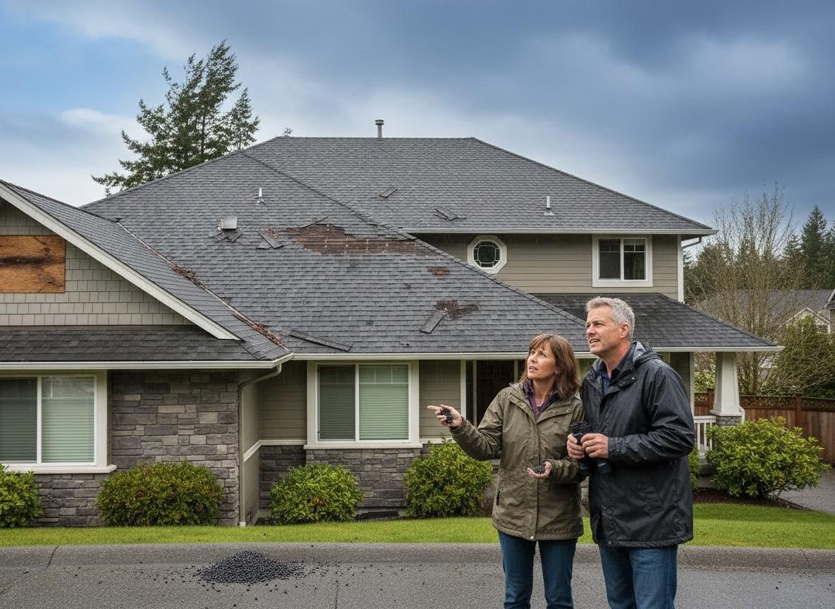 Homeowners Inspecting Storm Damaged Roof
