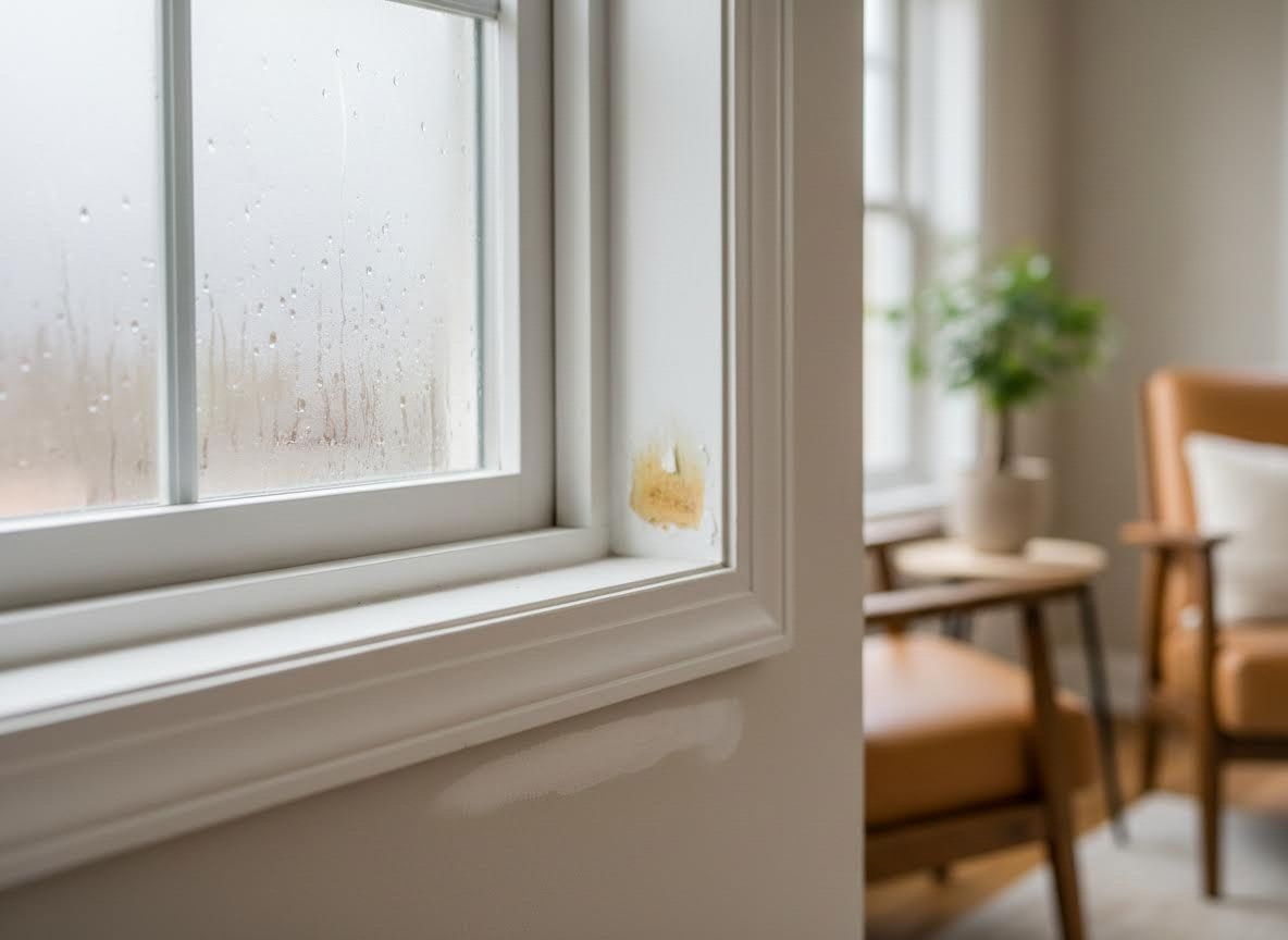 Condensation on window with water damage