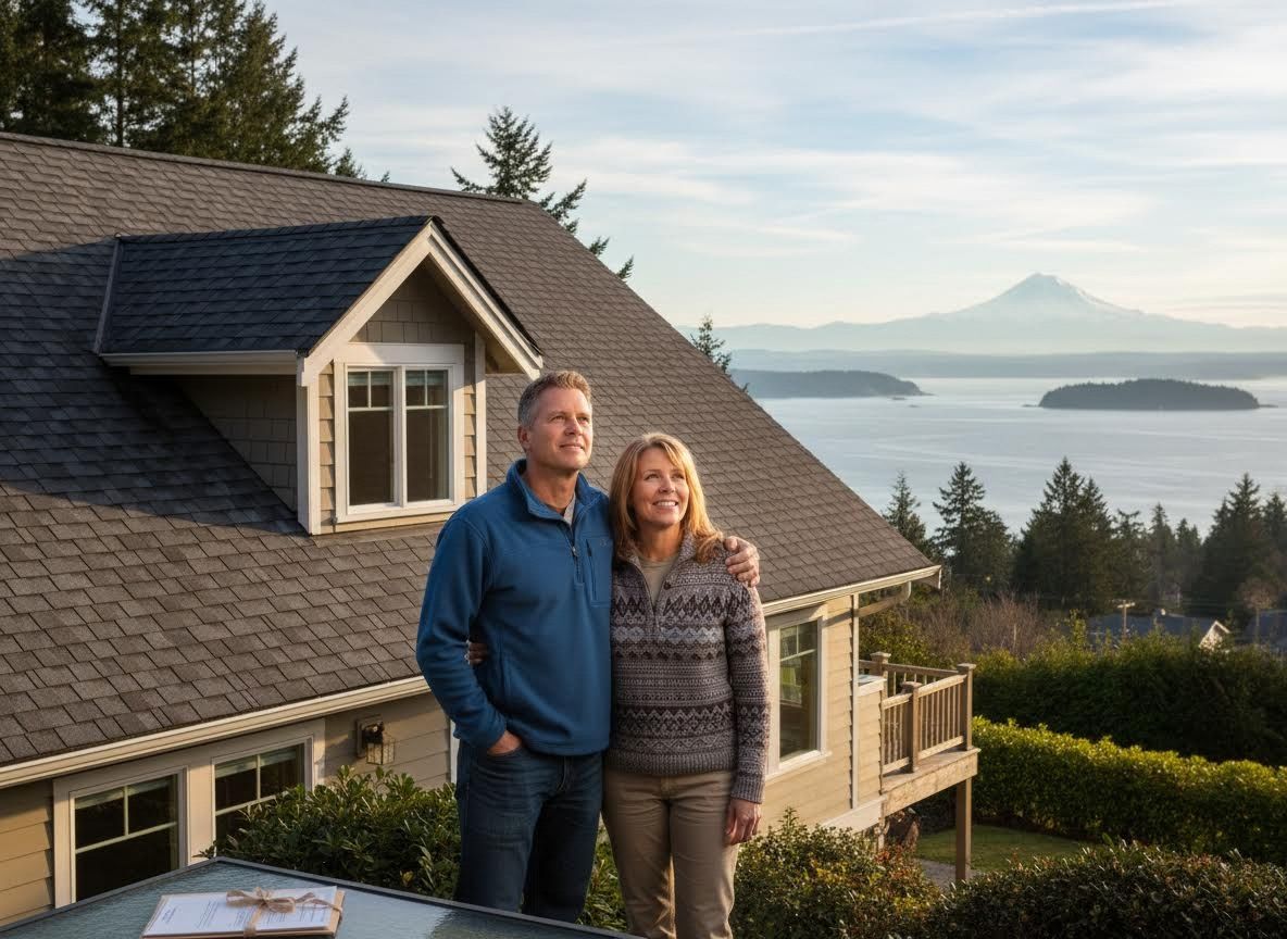 Smiling couple looking at scenic mountain and water view from home