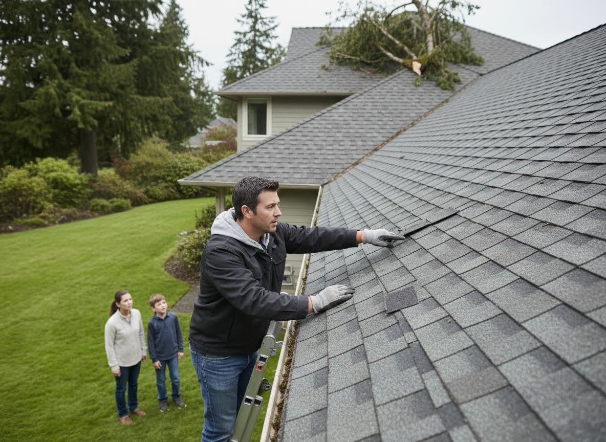 Man repairing roof with storm damage while family watches