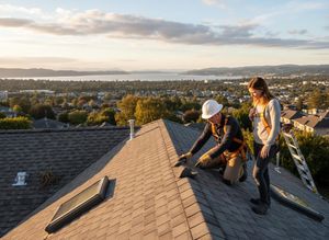 A male and female roofer in safety harnesses on a shingled roof, overlooking a city and body of water at sunset. They are inspecting the roof. Roofers working on a house with scenic city view
