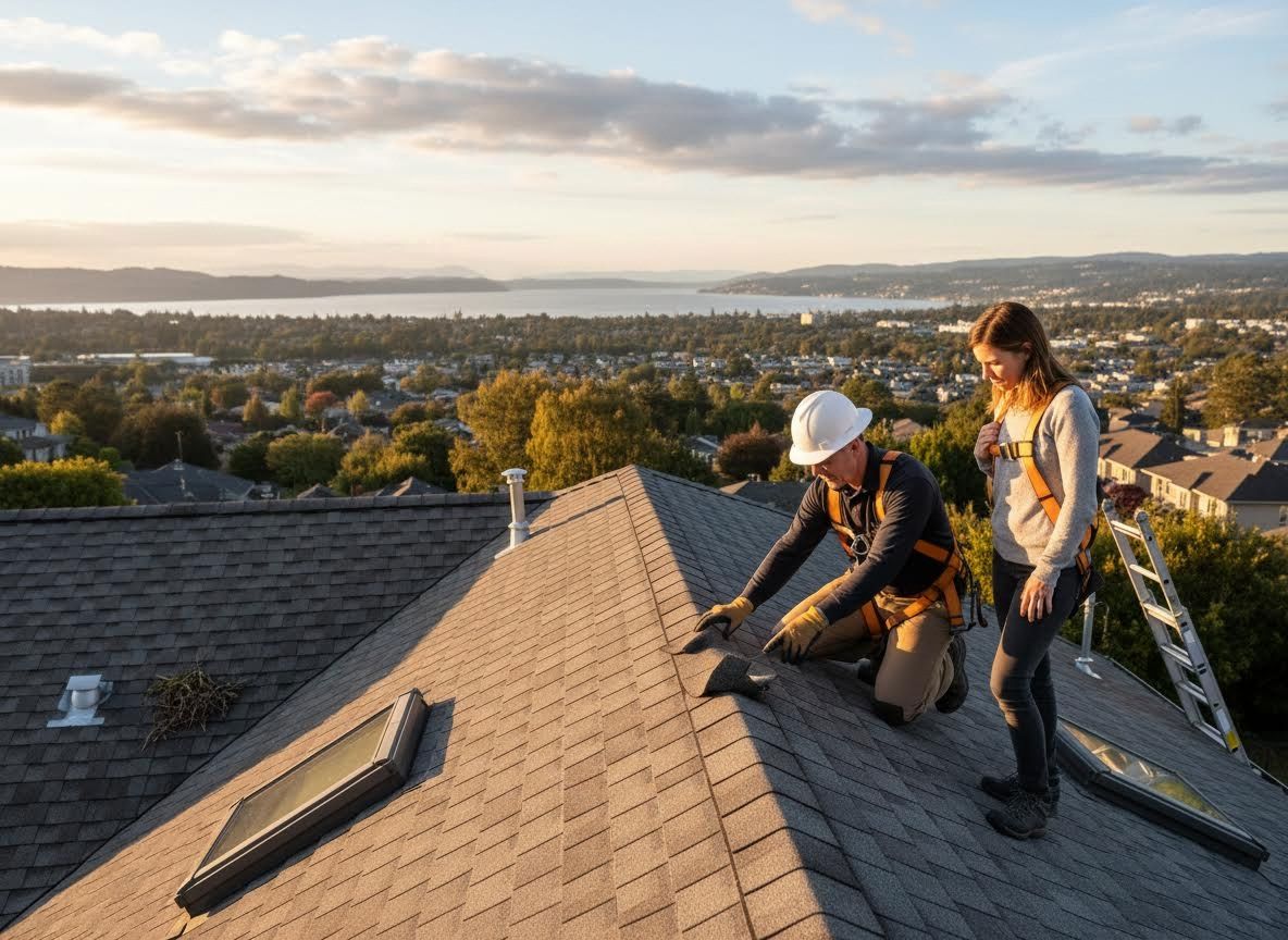 Roofers working on a house with scenic city view