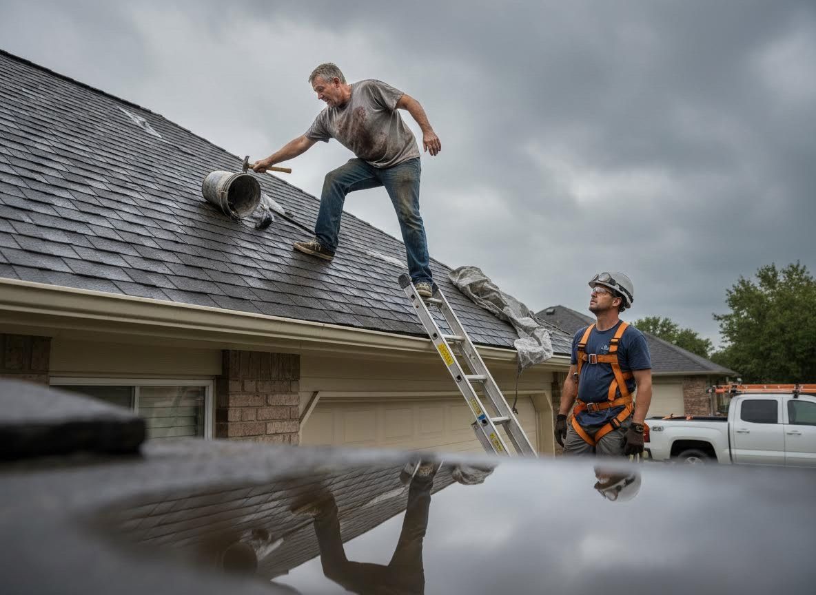 Roofers at work on a shingled house roof