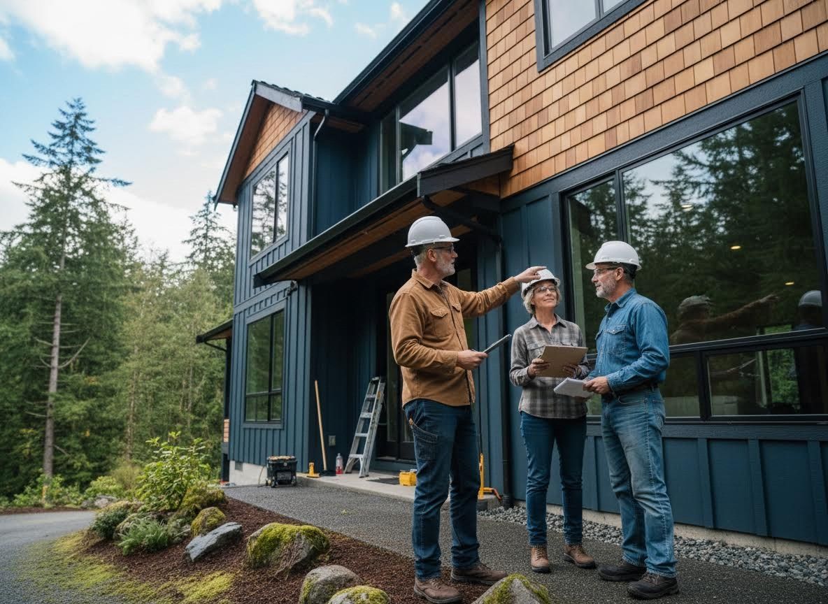 Construction professionals discussing modern house design