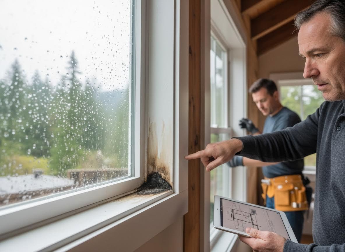 Home Inspector Examining Window Water Damage and Mold