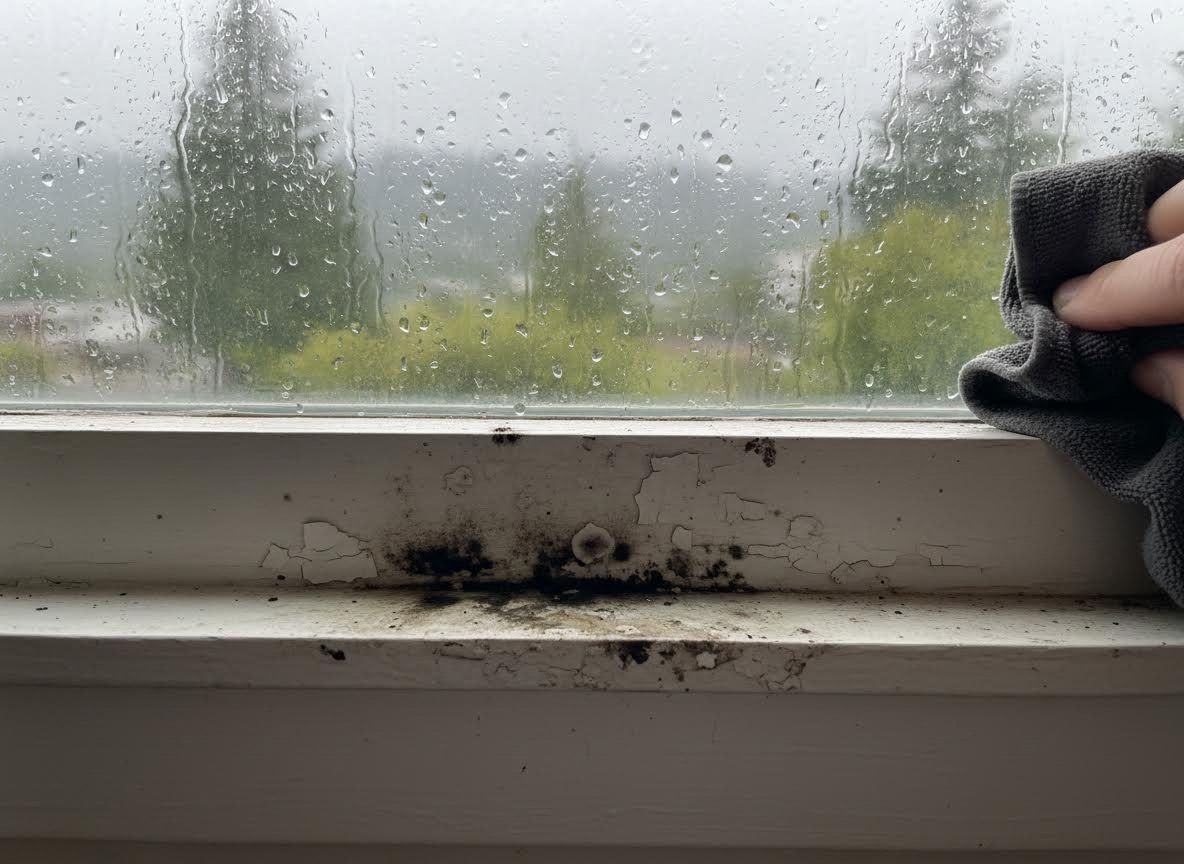 Mold and Peeling Paint on a Window Sill with Rain-Streaked Pane