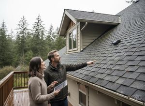 A couple on a deck inspects their house roof for moss, the man pointing while the woman holds a tablet. Tall trees in background. Homeowners Inspecting Roof Condition