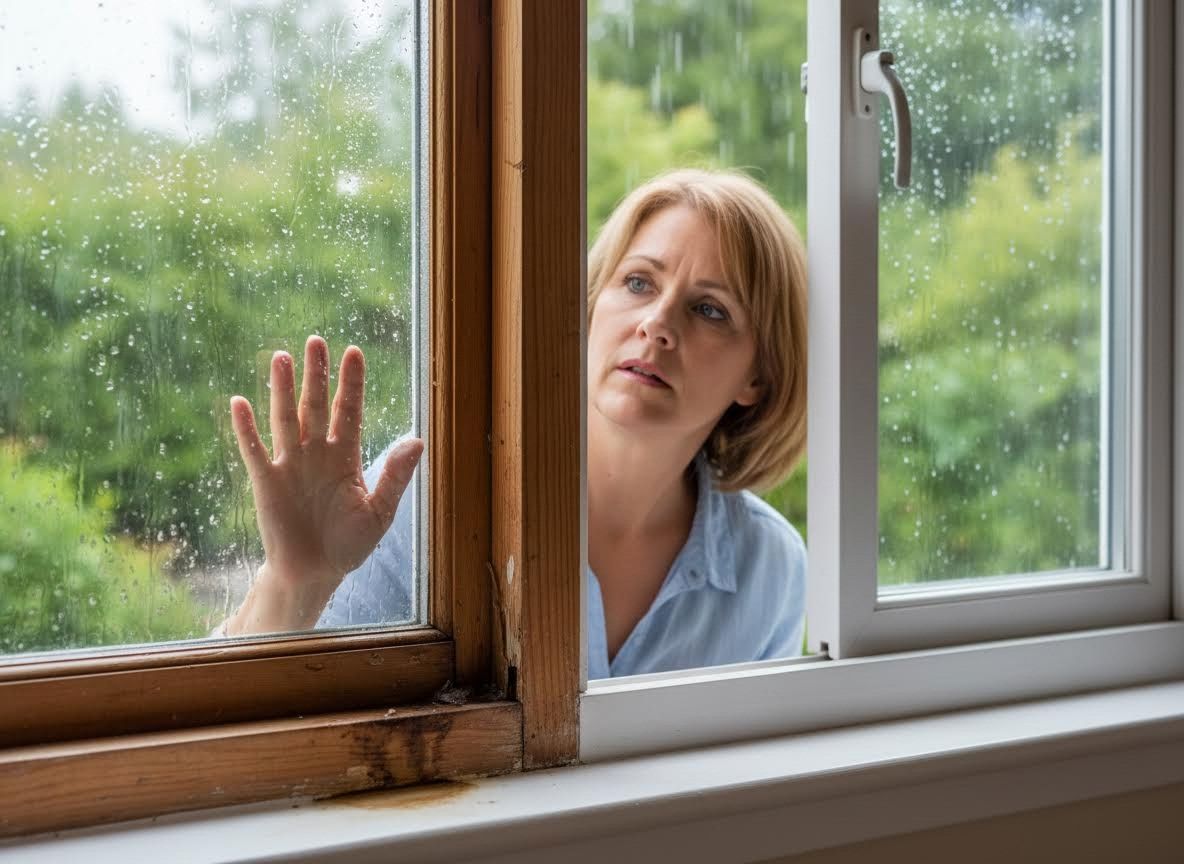 Woman Observing Rainy Window with Water Damage