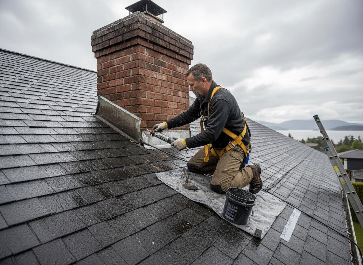 Roofer Sealing Chimney Flashing