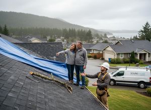 Homeowners and Contractor Inspecting Storm-Damaged Roof