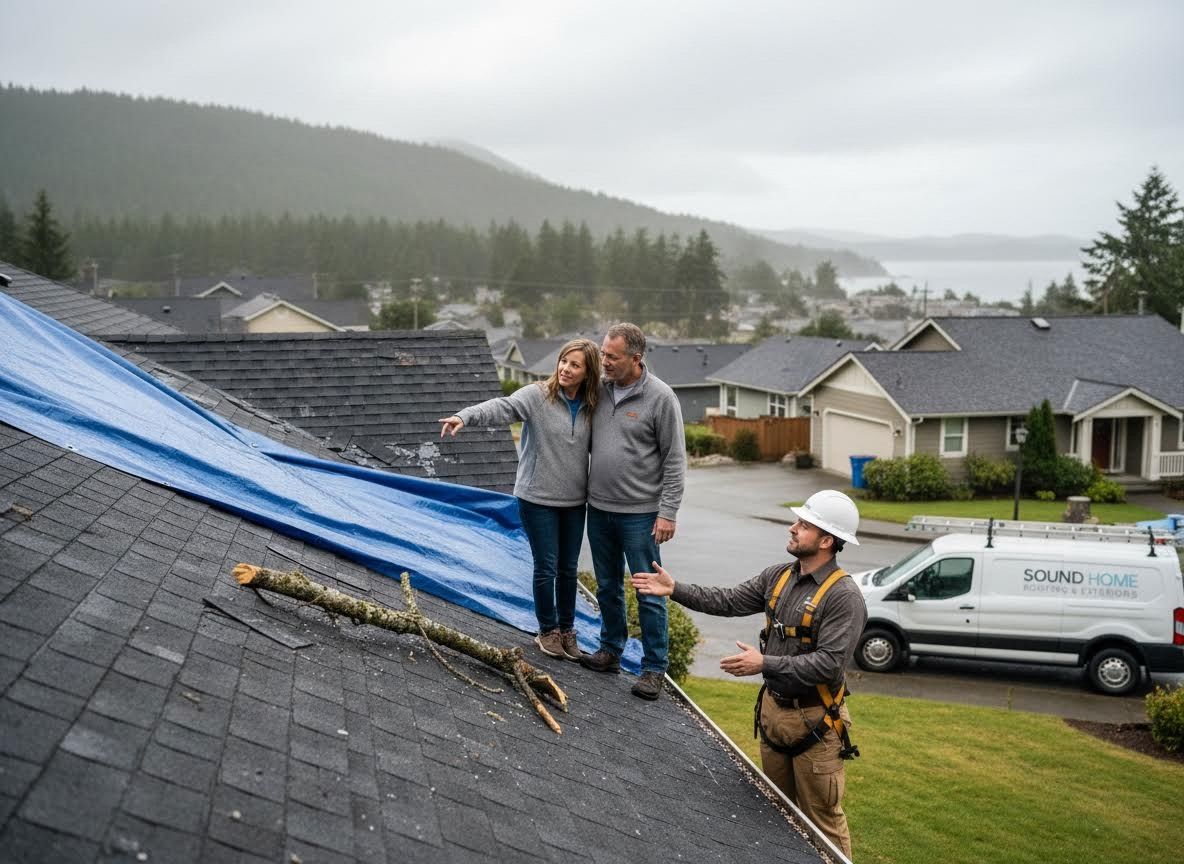 Homeowners and Contractor Inspecting Storm-Damaged Roof