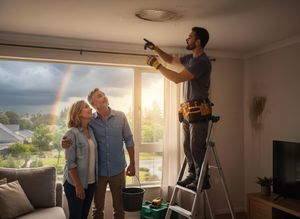 Homeowners addressing a ceiling leak with a repairman after a storm