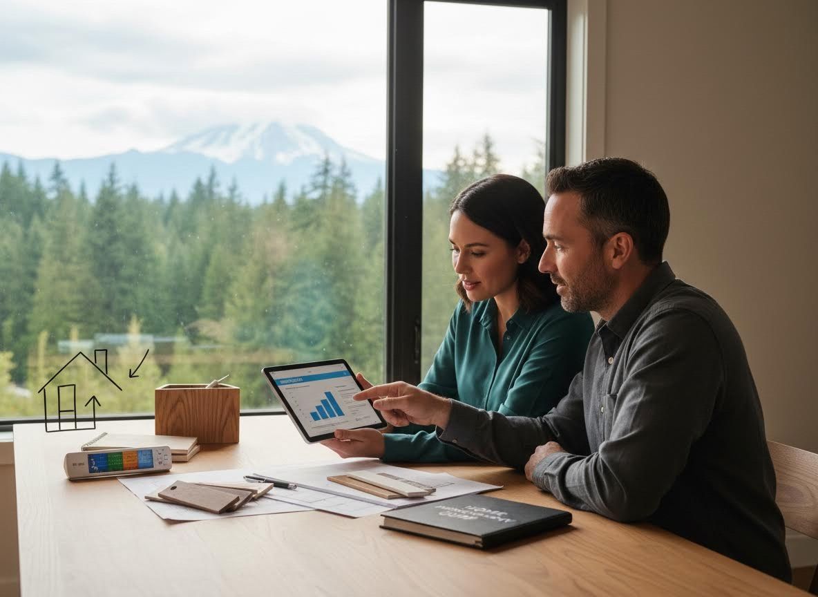 Couple discussing home energy efficiency data on a tablet