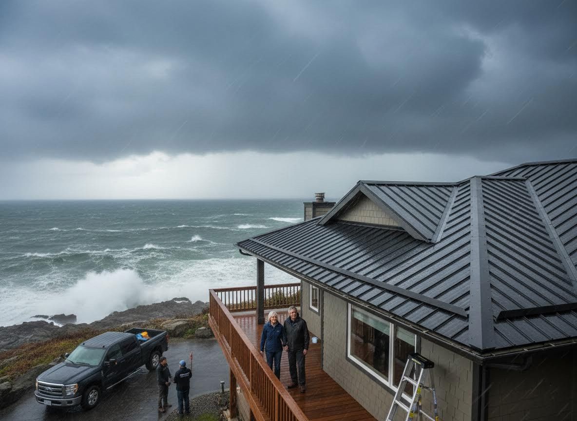 Coastal Home with Metal Roof Overlooking Stormy Ocean