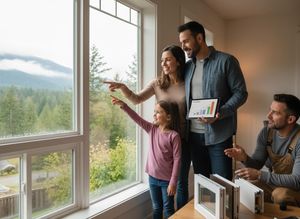 A family looks out a large window, pointing at a mountain view. A contractor shows window samples, and the father holds a tablet with a chart. Family discussing window replacement with contractor