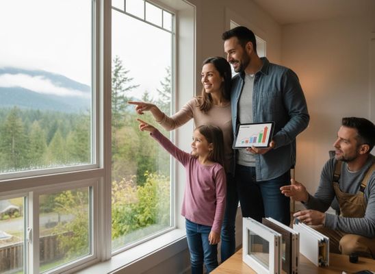 Family discussing window replacement with contractor