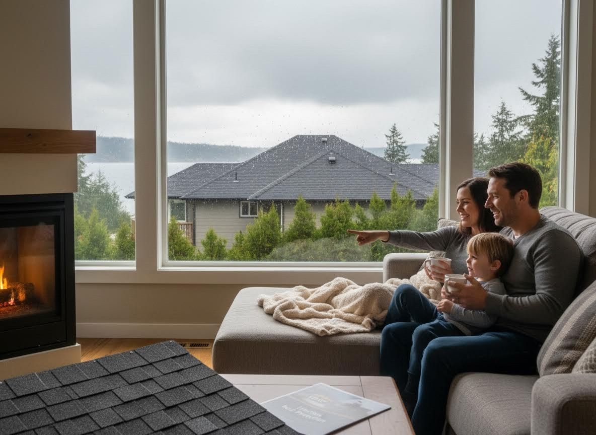 Family Enjoying View from Home with Roofing Shingle Sample