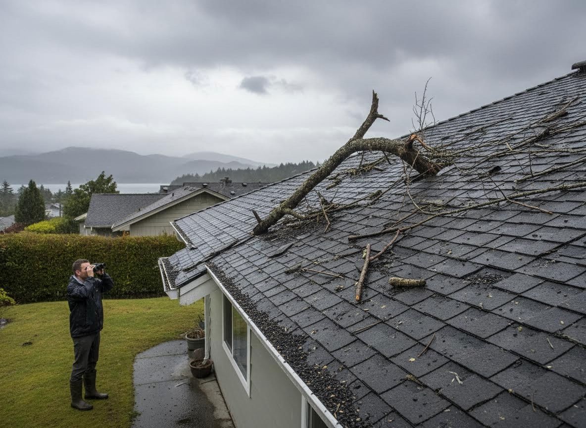Man Surveying Storm Damage with Binoculars