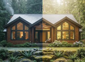 House in Winter and Summer Split View
