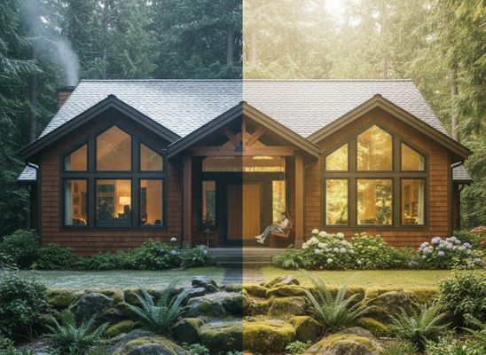 House in Winter and Summer Split View
