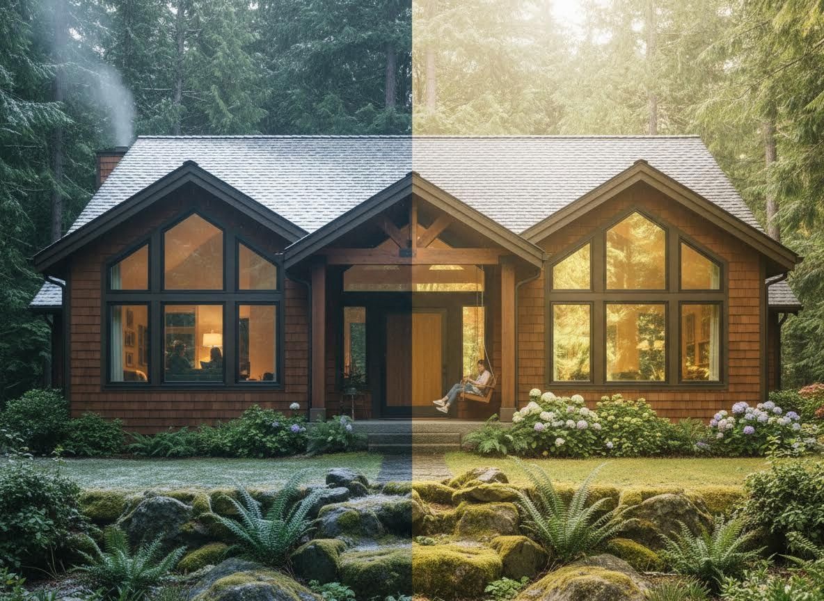 House in Winter and Summer Split View