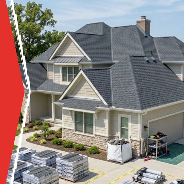 home with roofing supplies on driveway for project 