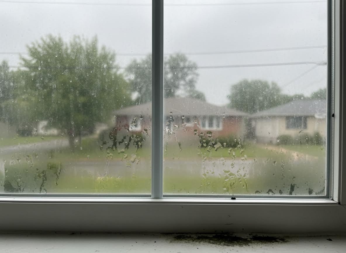 A window covered in condensation, blurring the view of houses and trees on an overcast day.