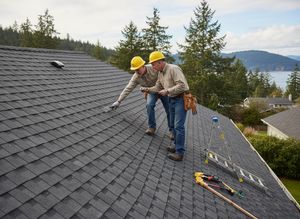Two Roof Inspectors Examining Shingles
