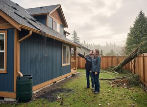 Homeowners Inspecting Storm Damage to House and Yard