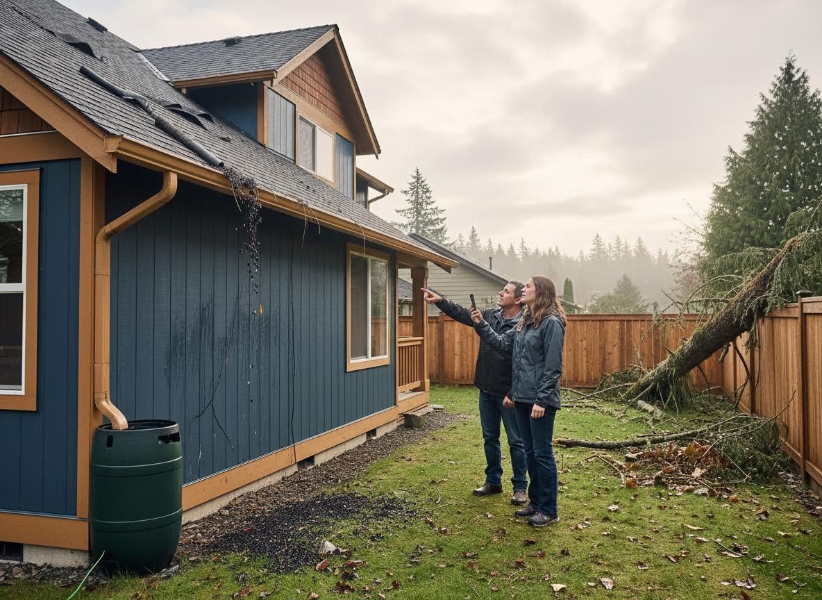Homeowners Inspecting Storm Damage to House and Yard