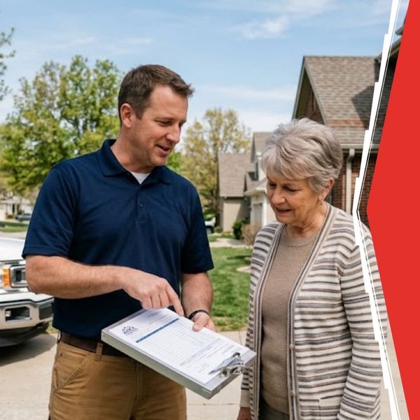 roofer going over quote for repairs with elderly woman