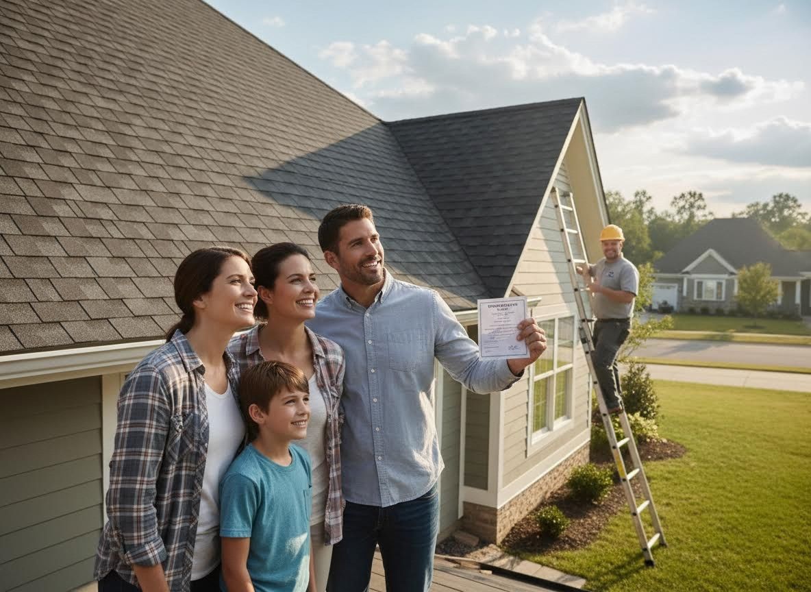 Happy Family with New Roof and Contractor